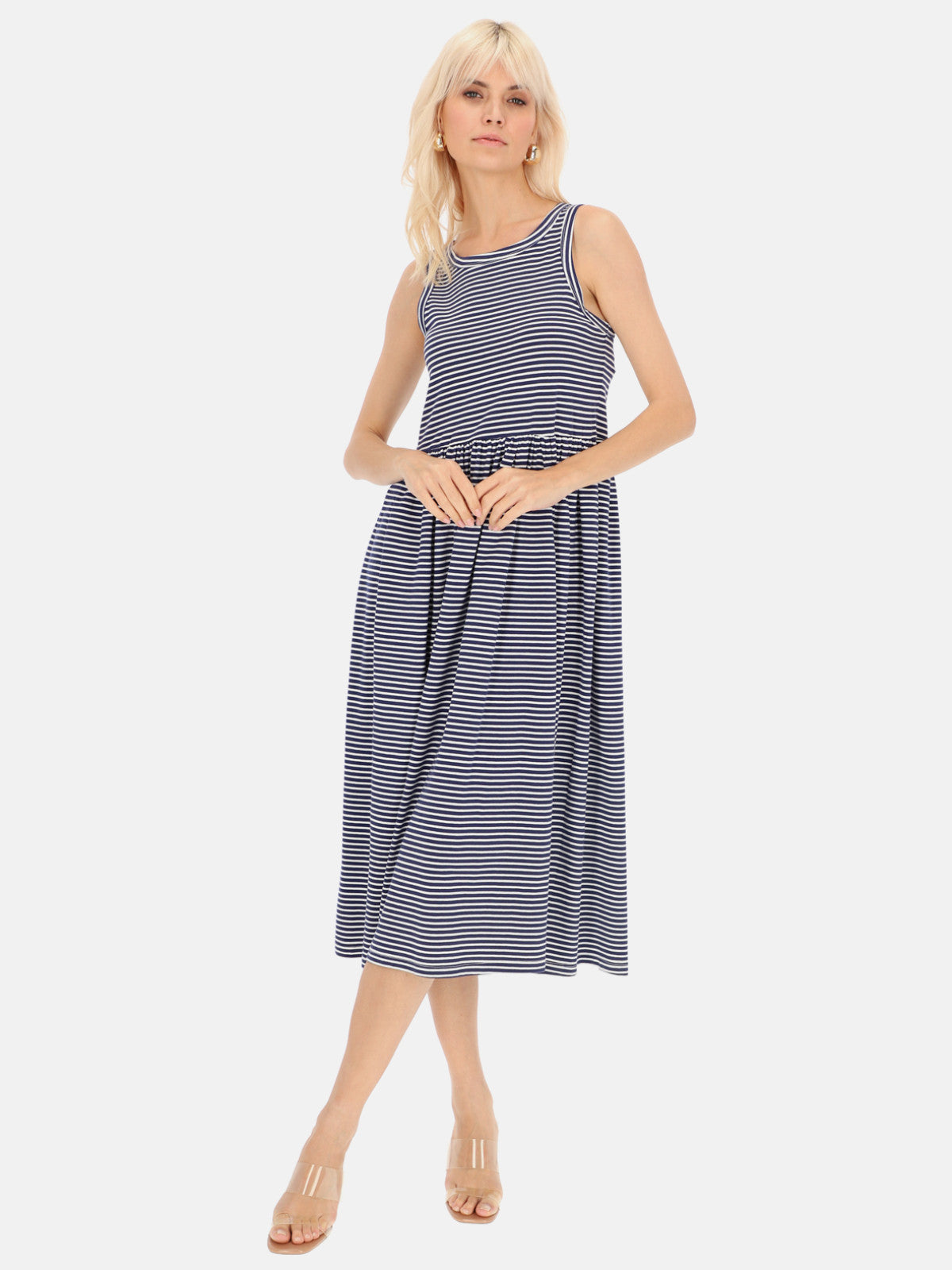 Granatowo-biała sukienka midi w paski Eye For Fashion Ida