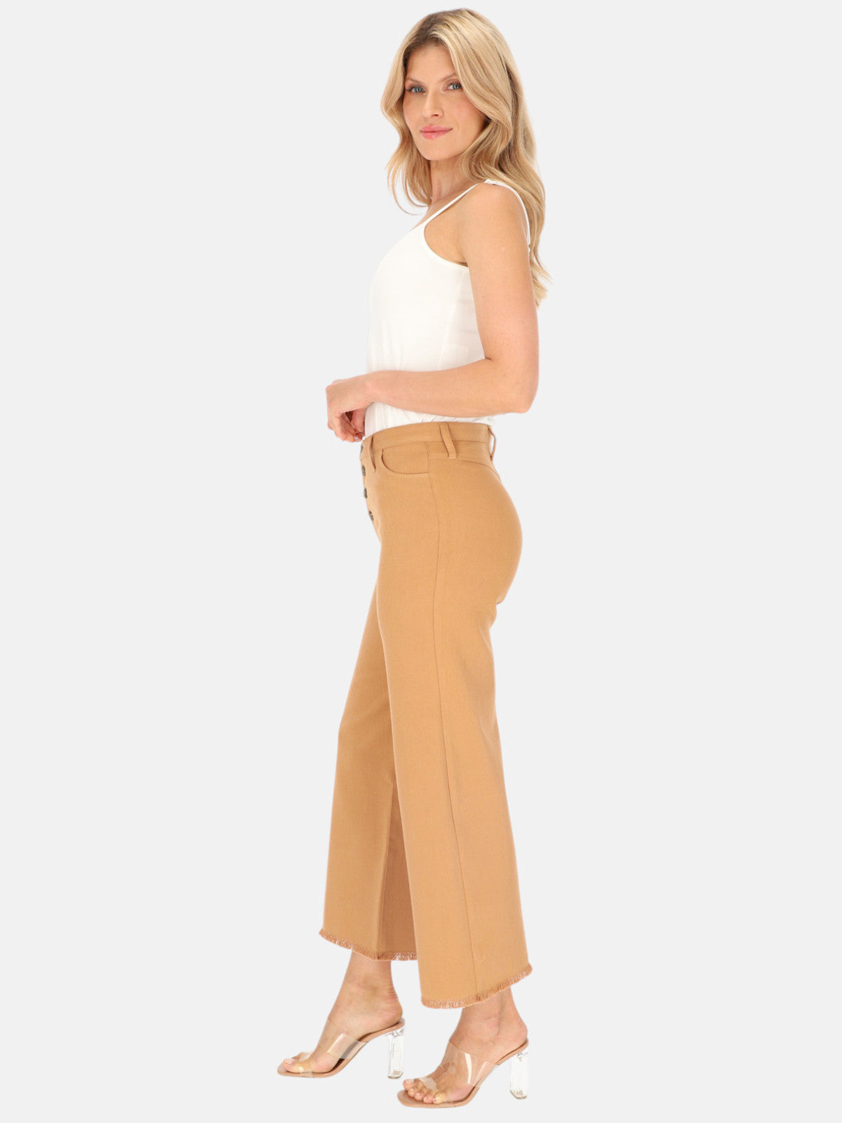 Camelowe spodnie damskie bawełniane 7/8 EyeForFashion