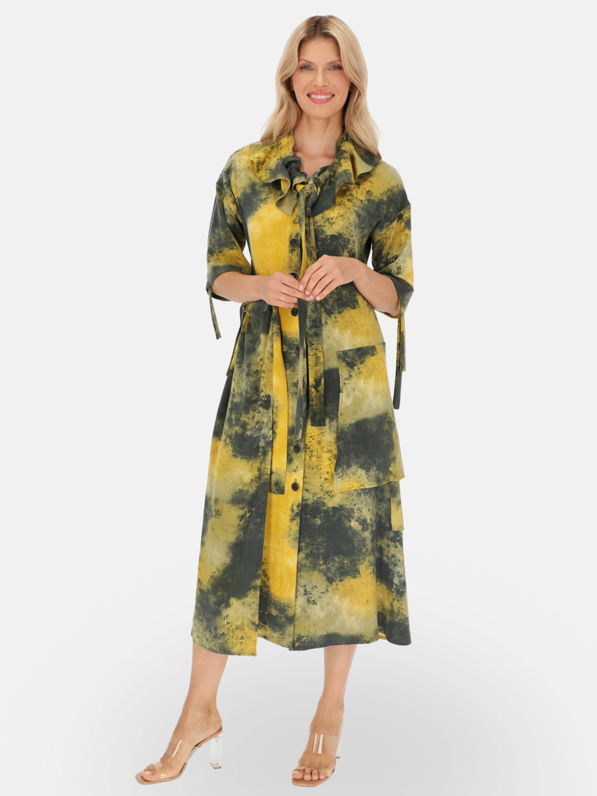 Sukienka koszulowa w oliwkowo-żółty wzór tie-dye EyeForFashion