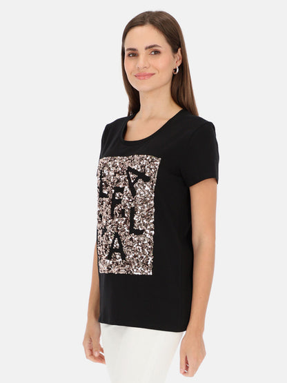 Czarny t-shirt damski z cekinową aplikacją L'AF Paris