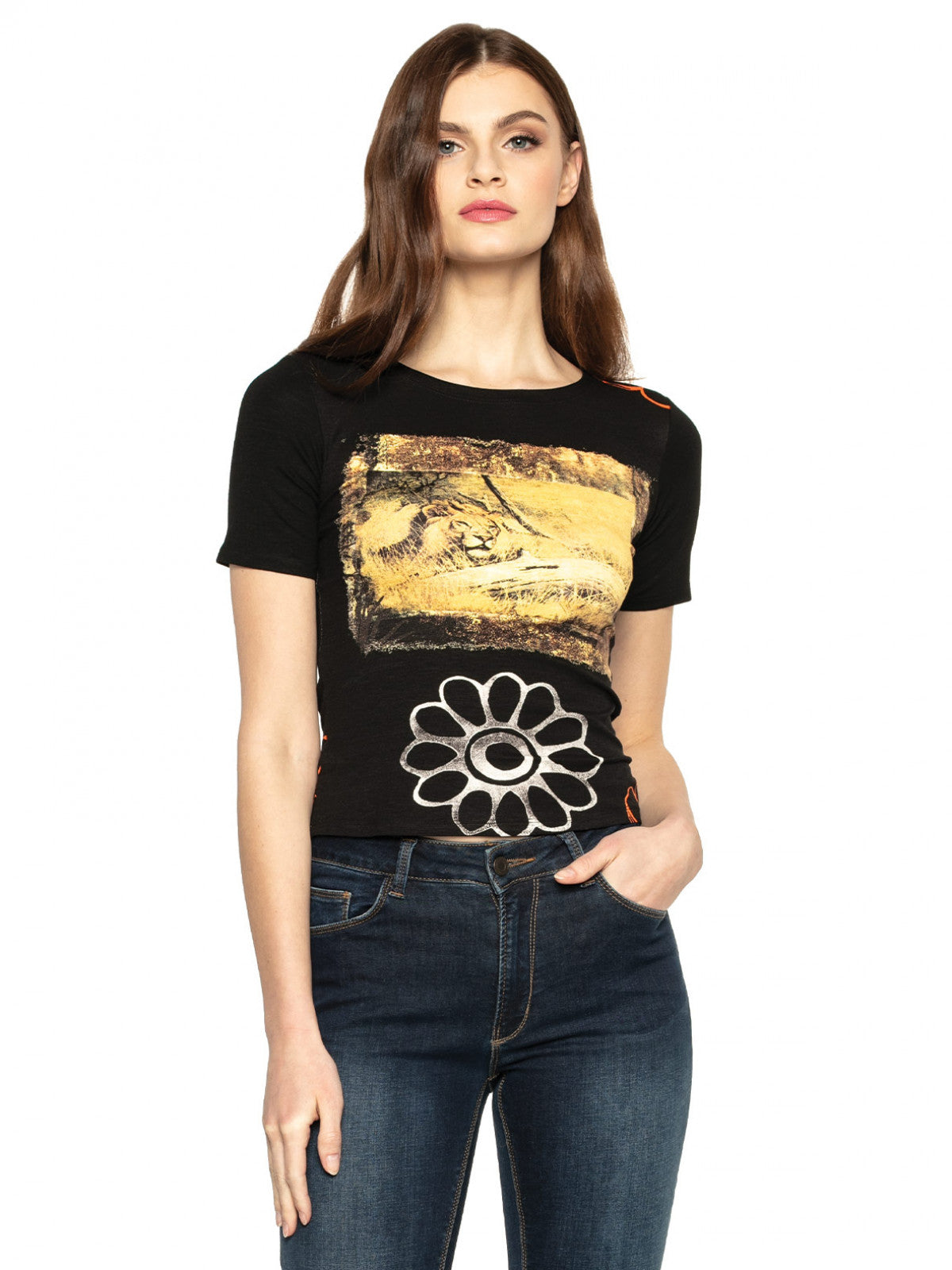 T-shirt z motywem kwiatu i lwa Potis & Verso Noemi