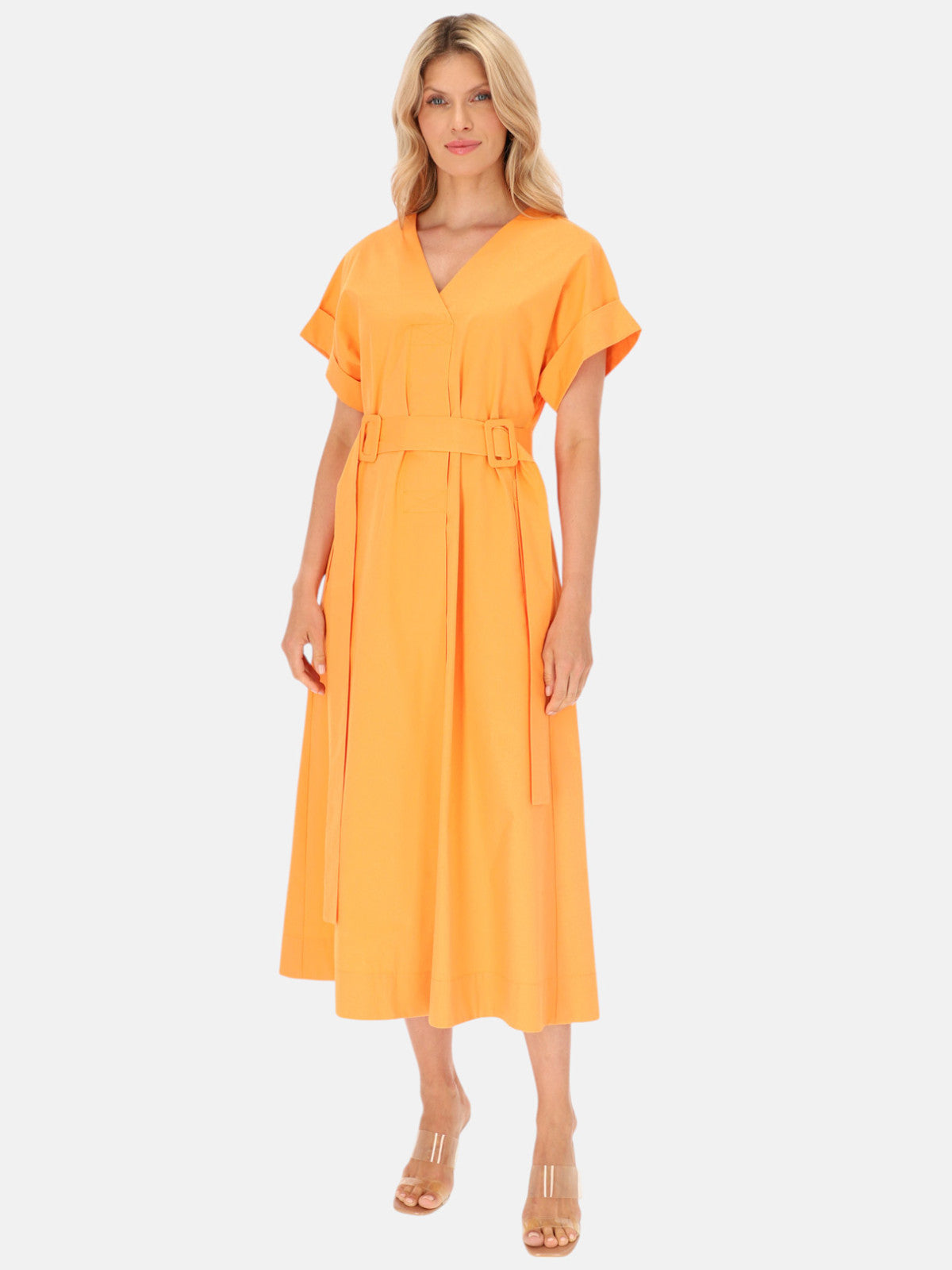 Żólta sukienka midi z paskiem w talii Eye For Fashion