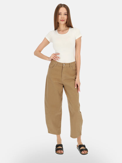 Miejskie karmelowe jeansowe spodnie slouchy wysoki stan luźna nogawka Więcesława