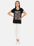 Ponadczasowy czarny bawełniany t-shirt z cekinową aplikacją Camelia