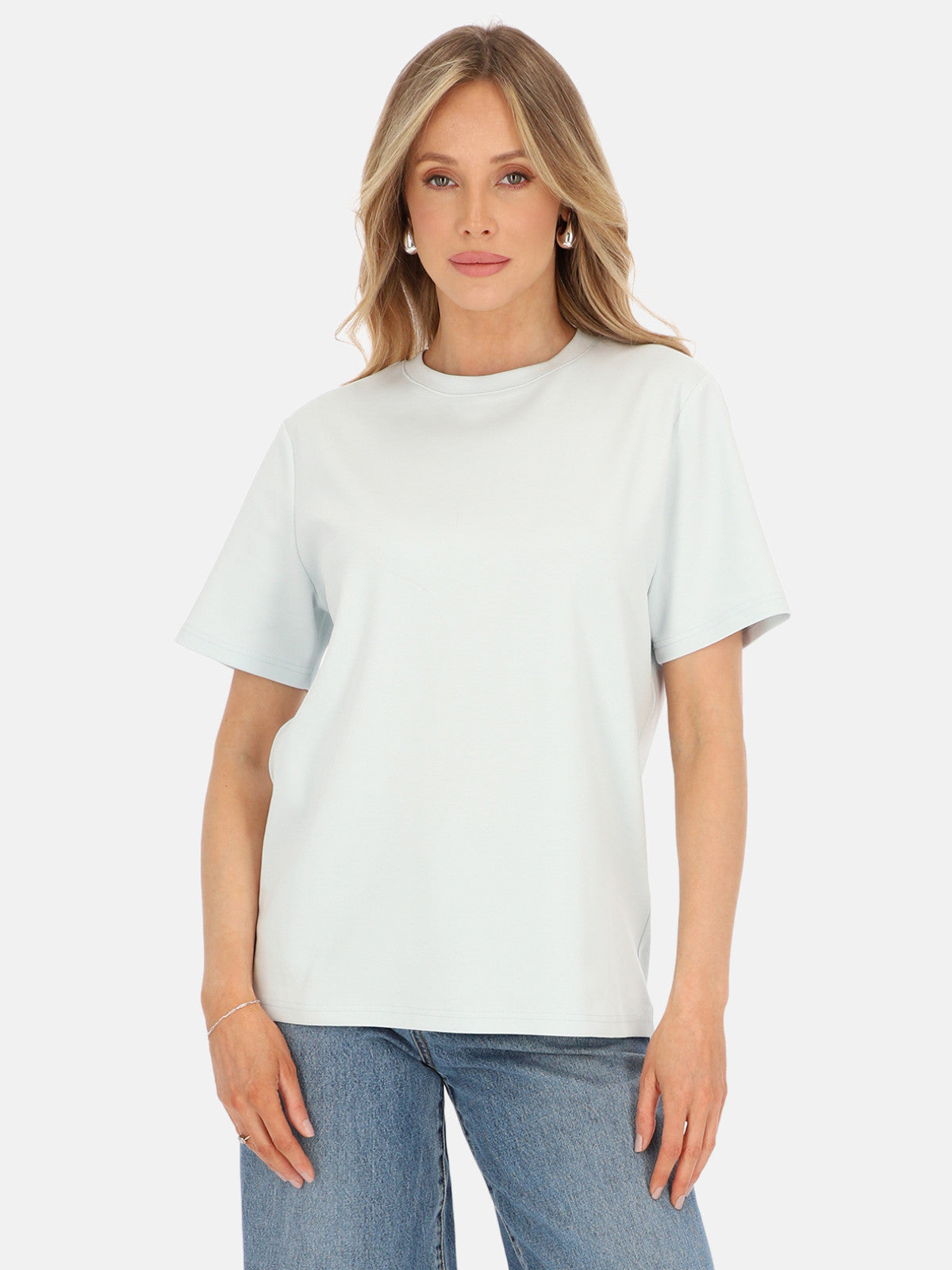 Świeży błękitny bawełniany gładki damski t-shirt basic na lato Kornelia