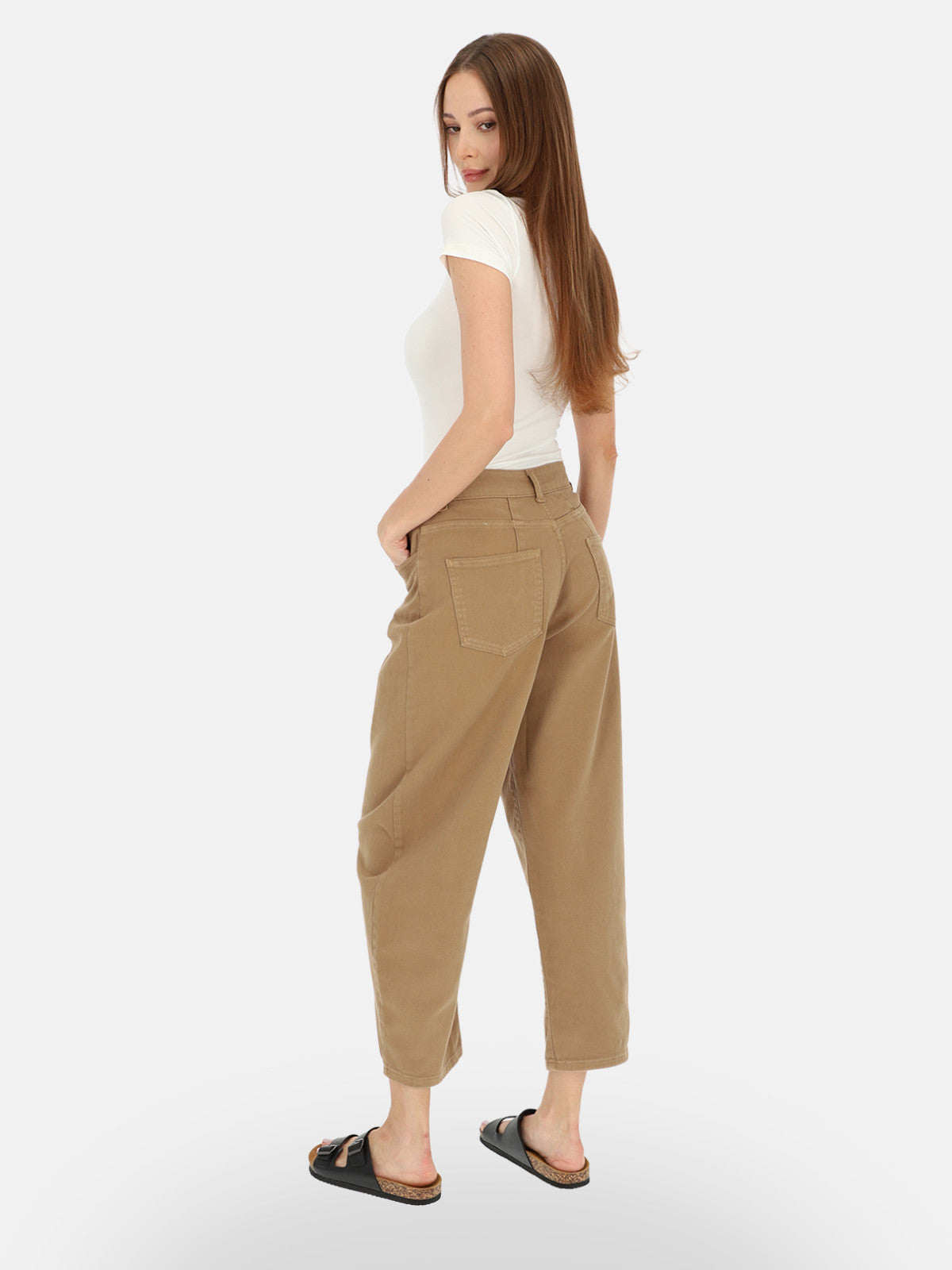 Miejskie karmelowe jeansowe spodnie slouchy wysoki stan luźna nogawka Więcesława