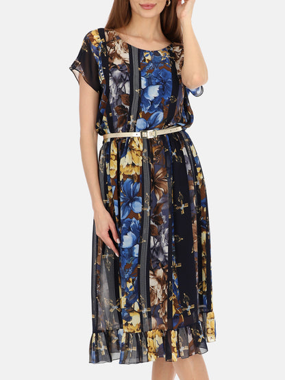 Elegancka granatowa sukienka w kwiatowy print midi na wyjście Isaure