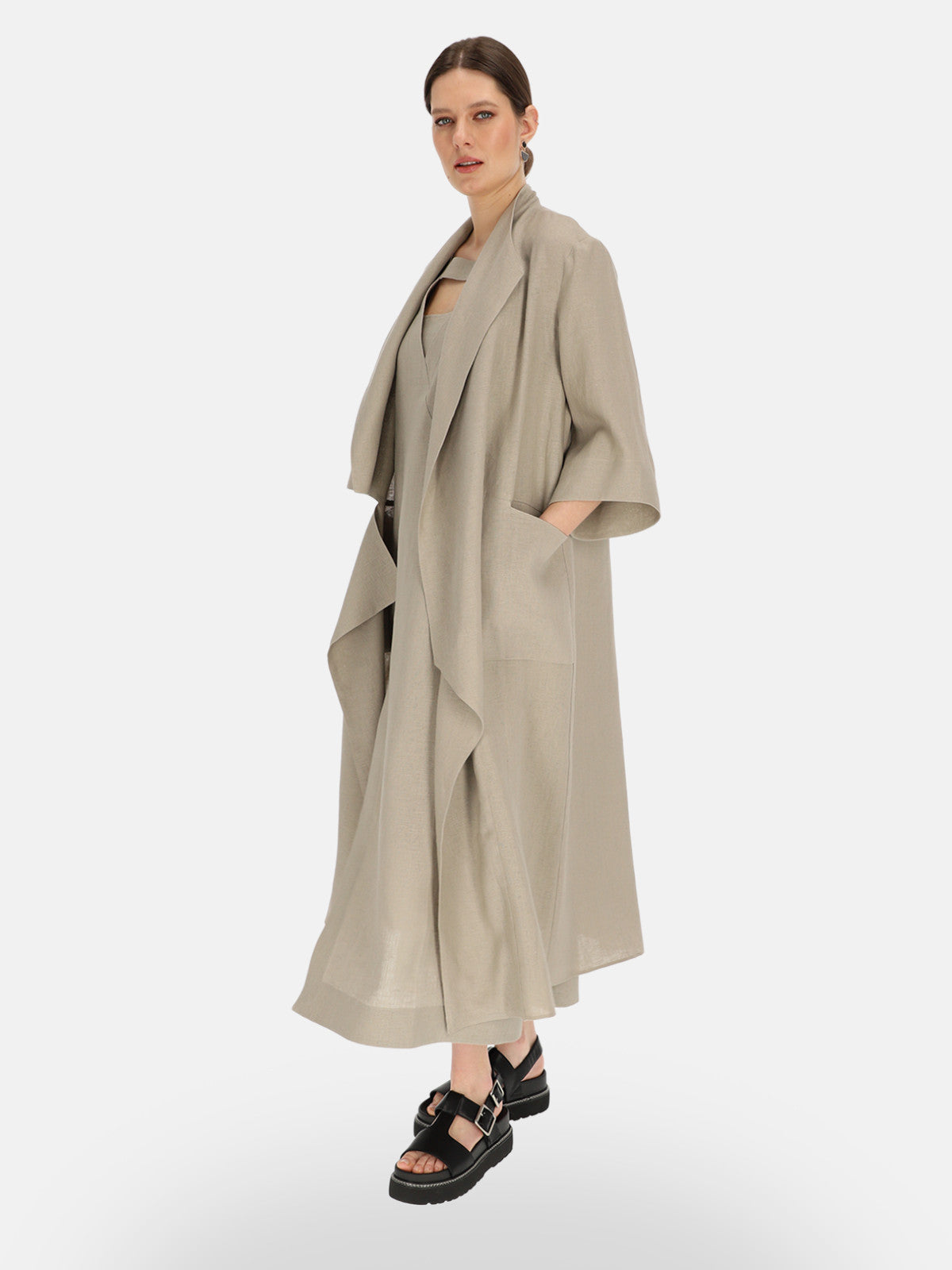 Szary lniany kardigan damski maxi z Eye For Fashion