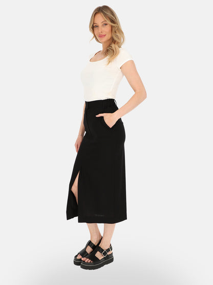 Minimalistyczna czarna lniana spódnica midi na lato Paula