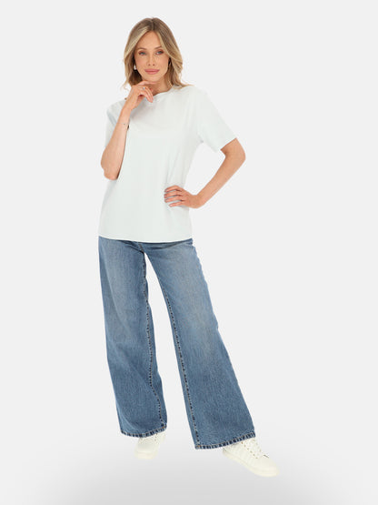 Świeży błękitny bawełniany gładki damski t-shirt basic na lato Kornelia
