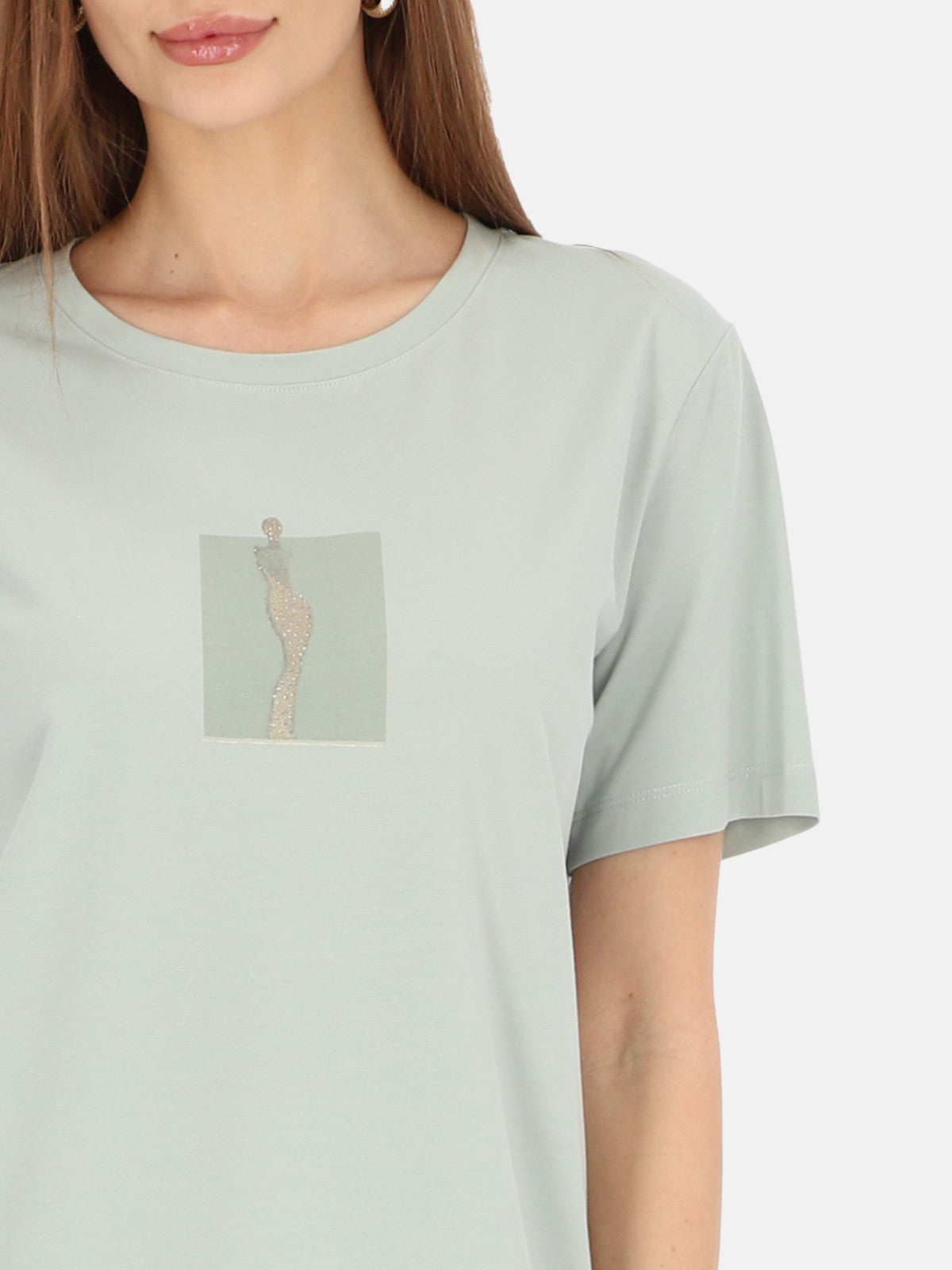 Świeży miętowy bawełniany t-shirt z połyskującym nadrukiem regularny Kasjana