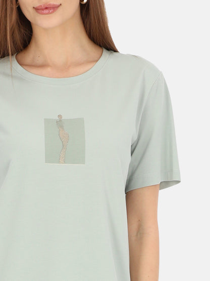 Świeży miętowy bawełniany t-shirt z połyskującym nadrukiem regularny Kasjana