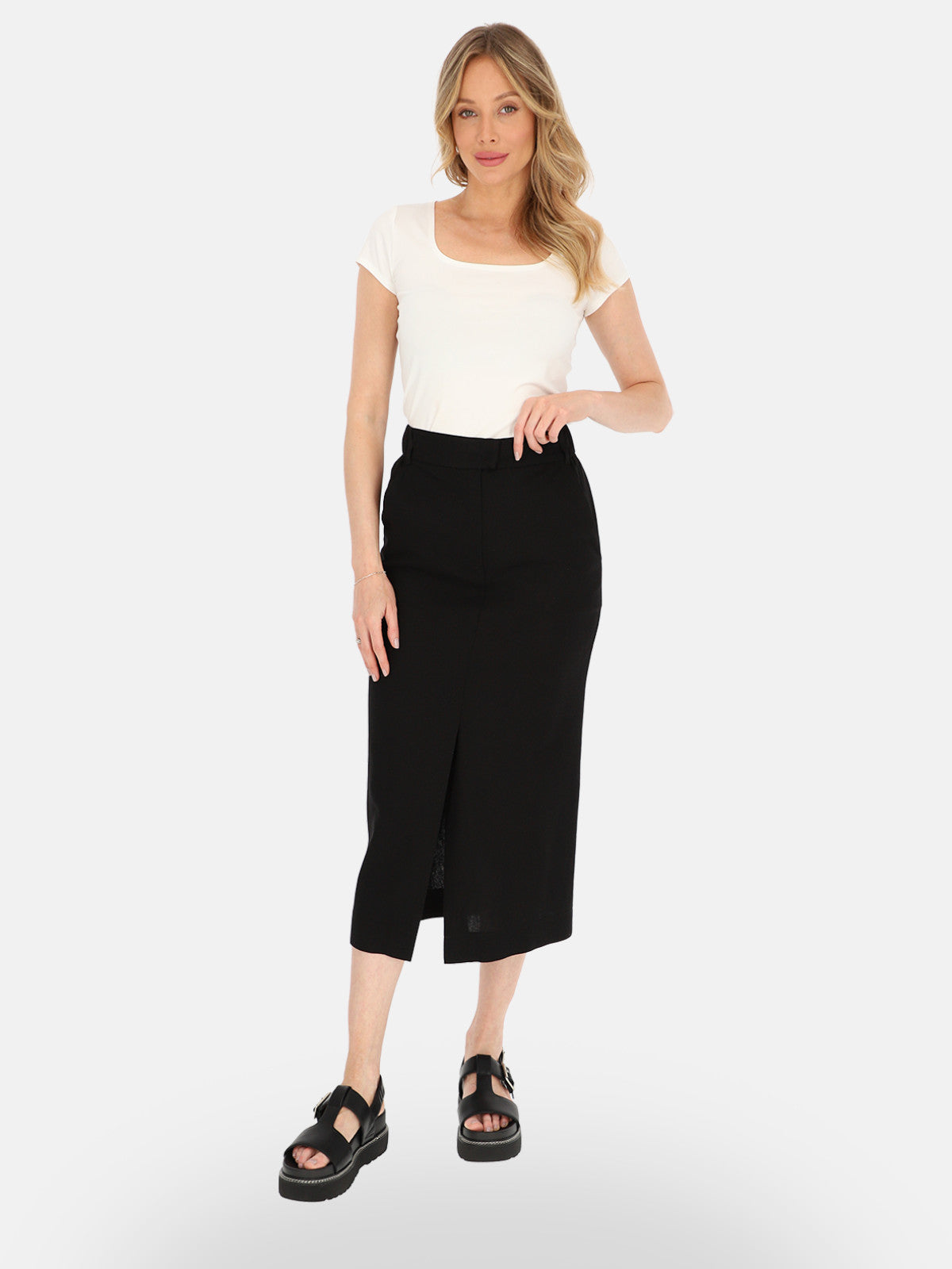 Minimalistyczna czarna lniana spódnica midi na lato Paula