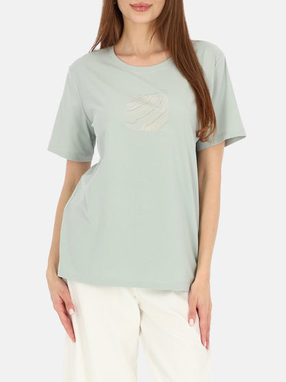 Pastelowy miętowy bawełniany t-shirt z subtelnym nadrukiem Mirena