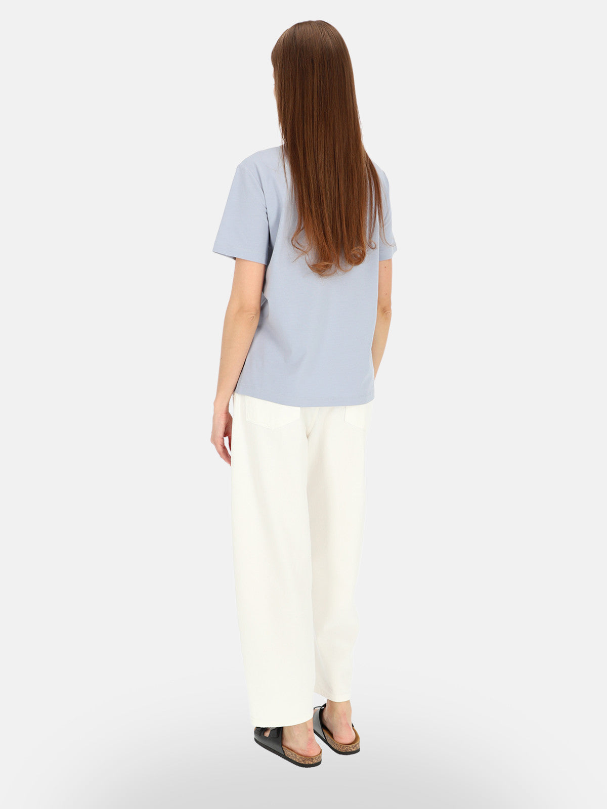 Stylowy błękitny bawełniany t-shirt damski z nadrukiem Tina