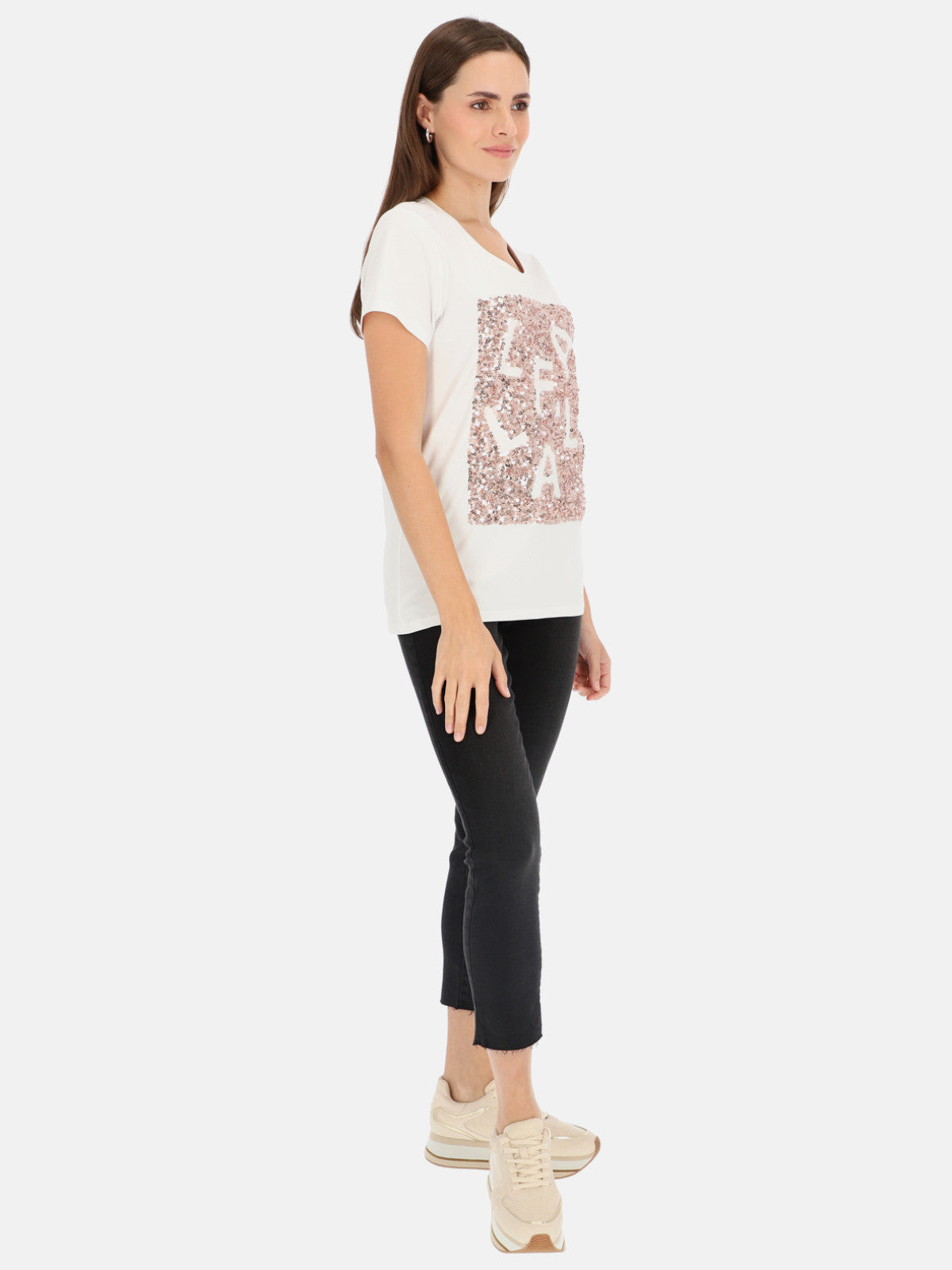Biały t-shirt damski z cekinową aplikacją L'AF Paris