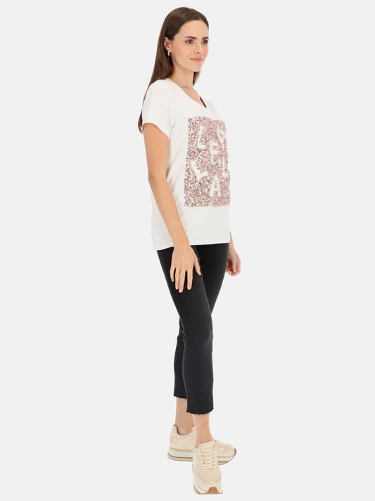 Biały t-shirt damski z cekinową aplikacją L'AF Paris