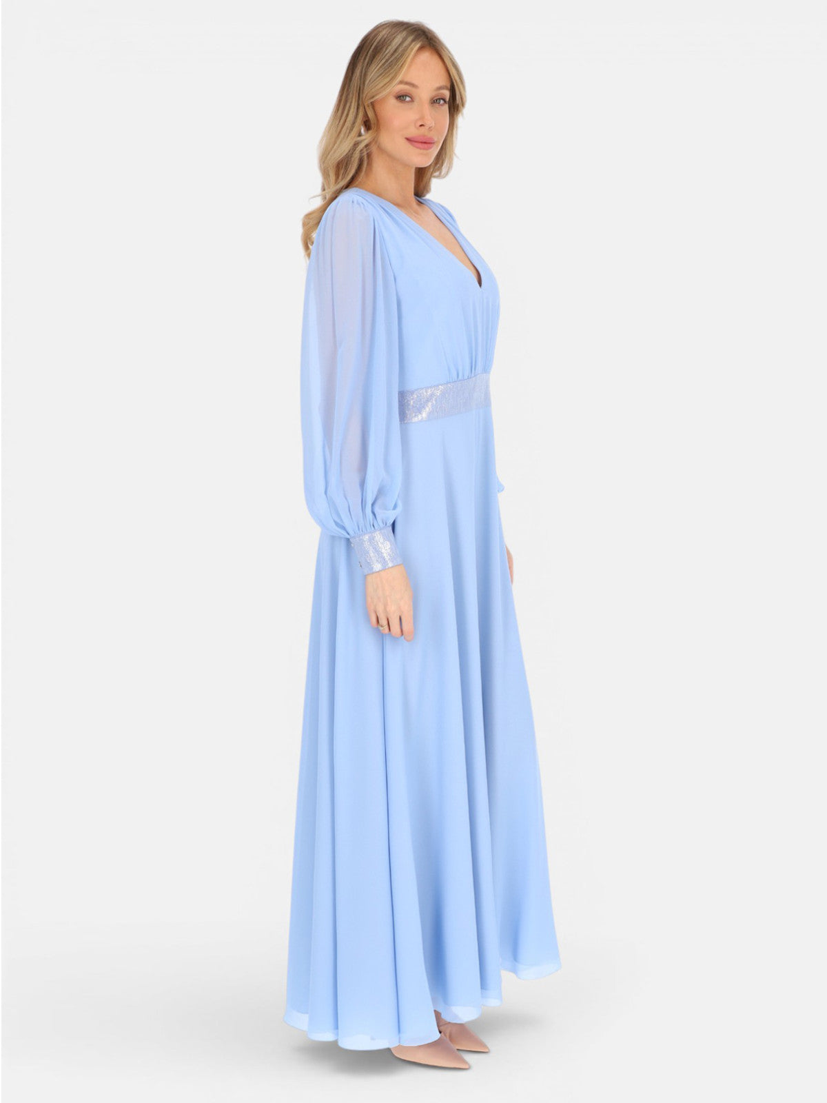 Wieczorowa błękitna elegancka gładka sukienka na wesele maxi Liliosa