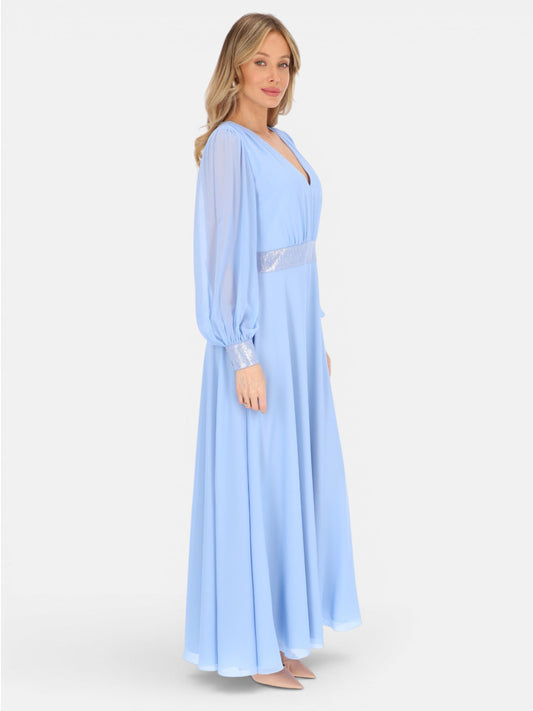 Wieczorowa błękitna elegancka gładka sukienka na wesele maxi Liliosa