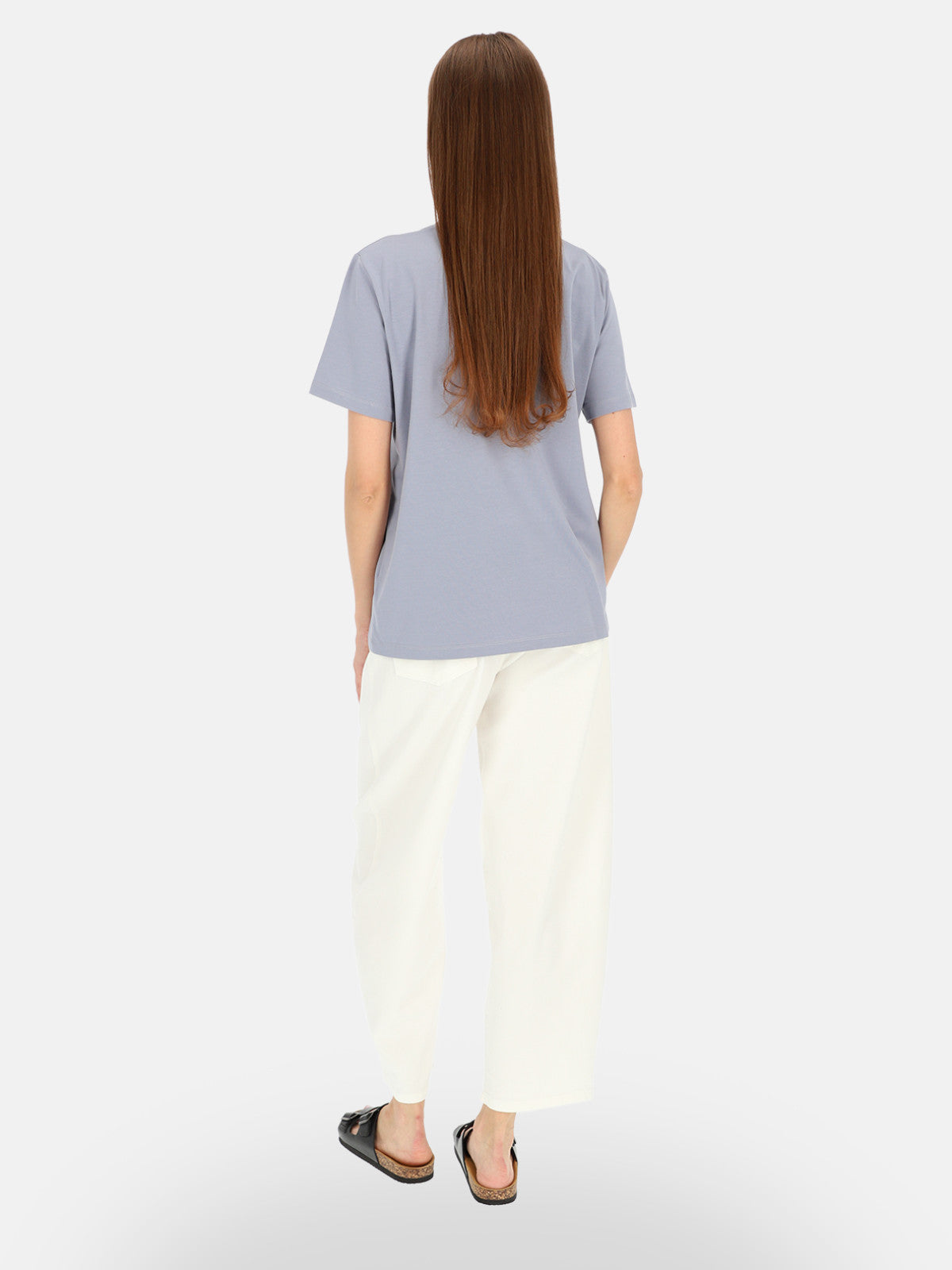 Modny błękitny bawełniany t-shirt z połyskującym nadrukiem Zoryana