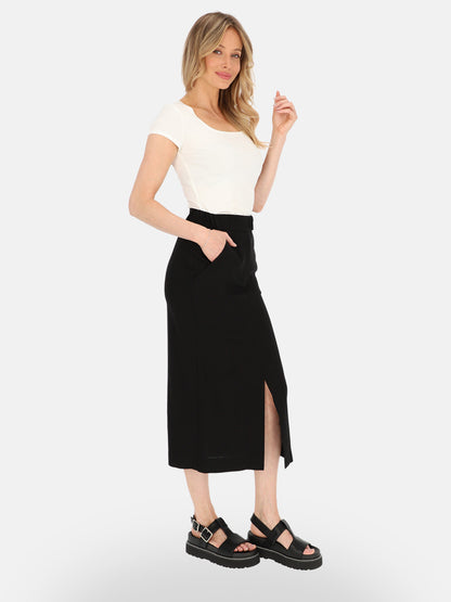 Minimalistyczna czarna lniana spódnica midi na lato Paula
