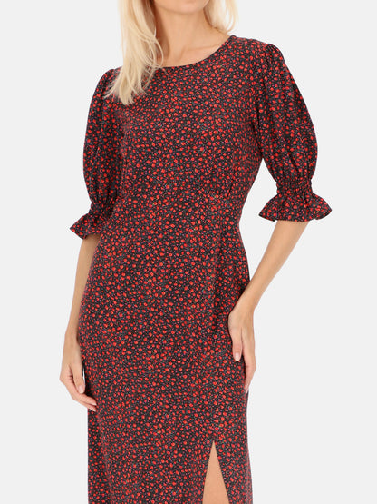 Czarna sukienka midi w czerwone kwiatuszki Eye For Fashion Abbi