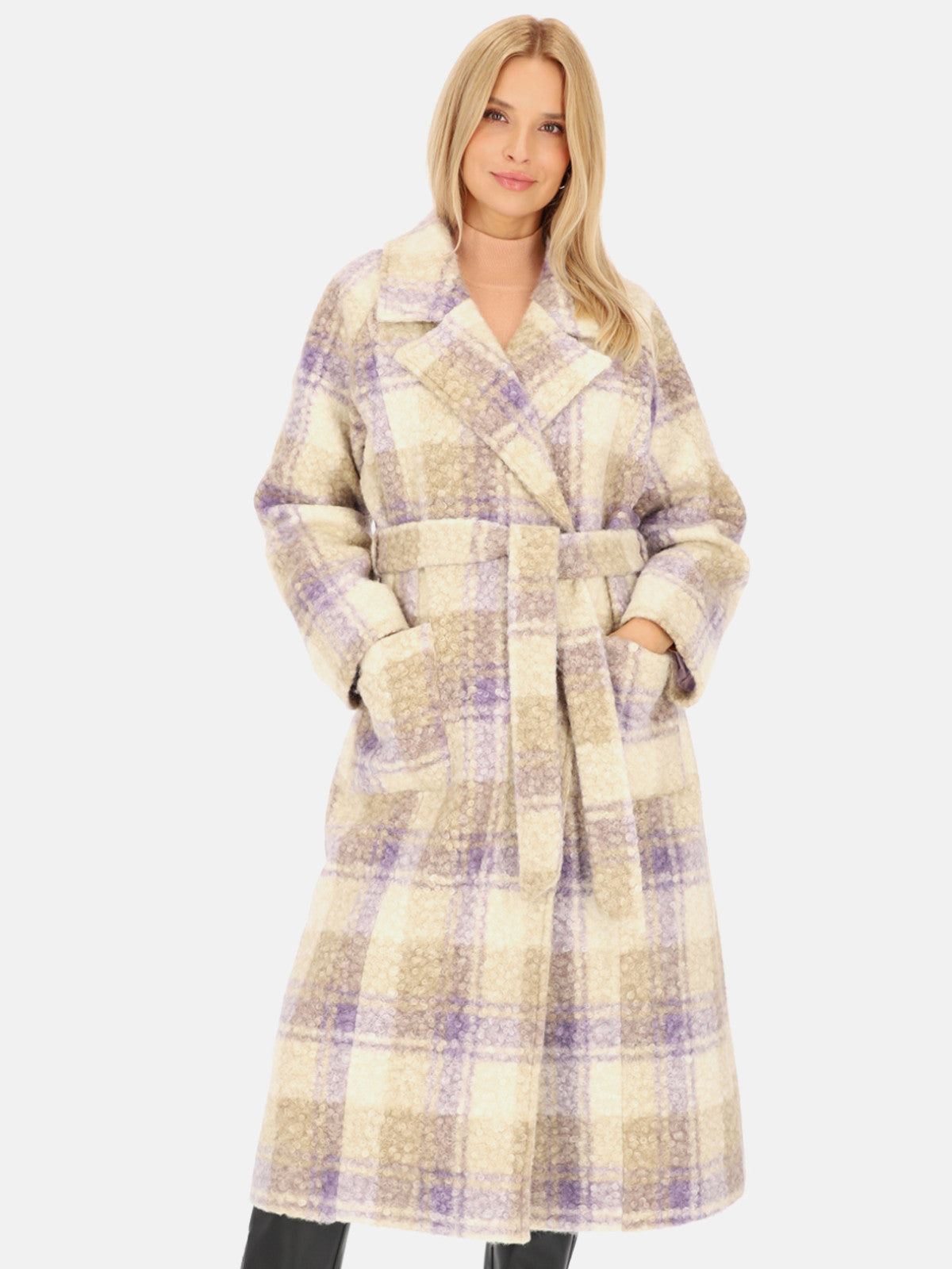 Płaszcz damski z tkaniny boucle w kratę Smashed Lemon 24556