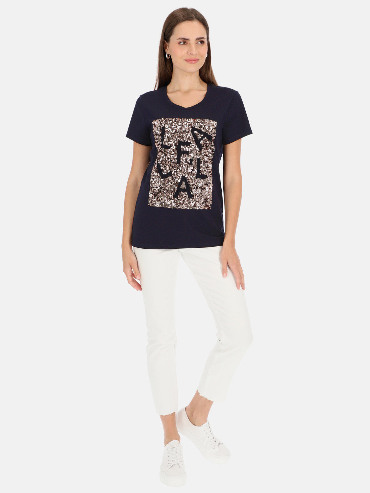 Granatowy t-shirt damski z cekinową aplikacją L'AF Paris